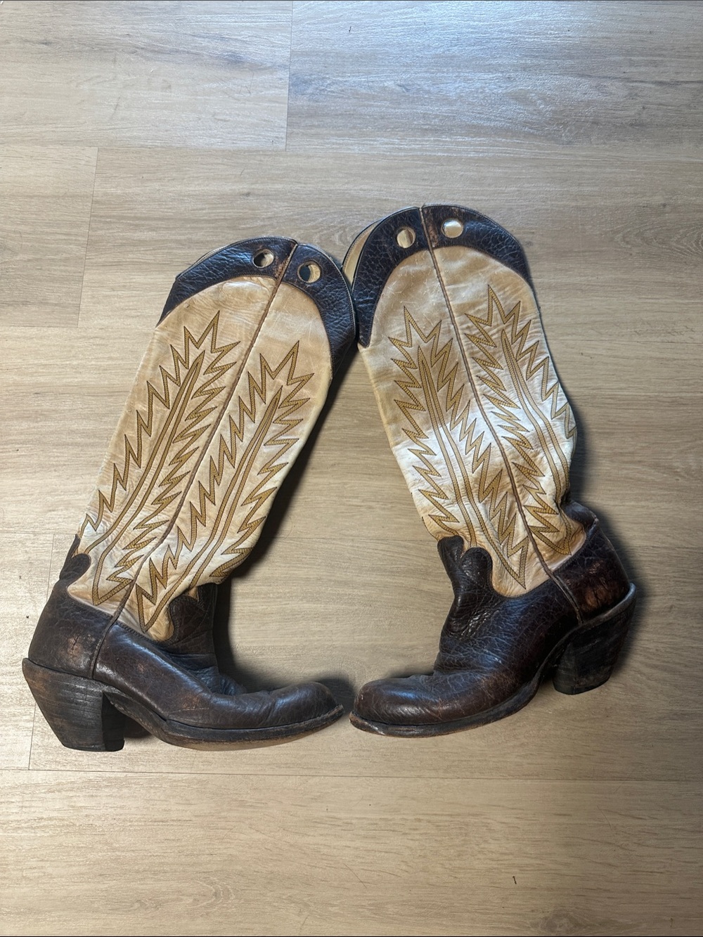 Handmade Vintage Brown and Cream Men’s Western Cowboy Boots with Star Stitching